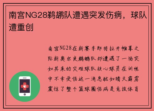 南宫NG28鹈鹕队遭遇突发伤病，球队遭重创