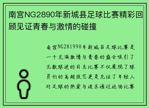 南宫NG2890年新城县足球比赛精彩回顾见证青春与激情的碰撞